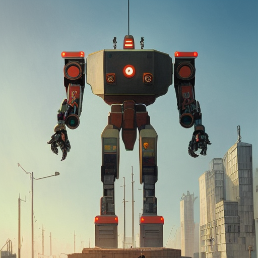 giant robot stands over city by simon stalenhag, d & d, fantasy, digital painting, unreal engine 5, photorealism, hd quality, 8 k resolution, cinema 4 d, 3 d, cinematic, professional photography, art by artgerm and greg rutkowski and alphonse mucha and loish and wlop