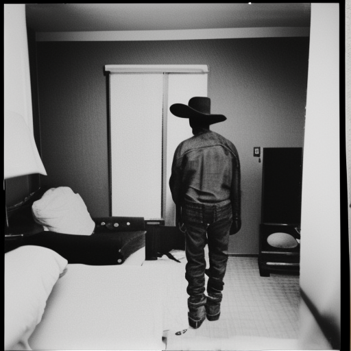Long shot, Polaroid, African American cowboy watching TV in run down motel room