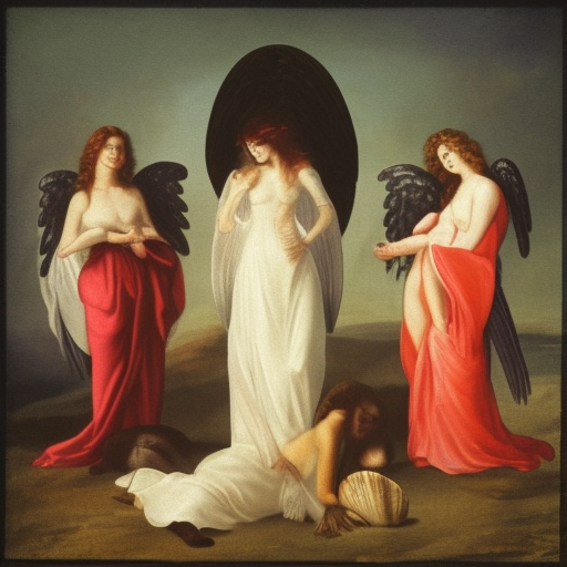 three people, in center a no dress woman, redhead, long hair, standing on shell, full body, angel to the left with dark wings, woman to the right with white dress and red cape