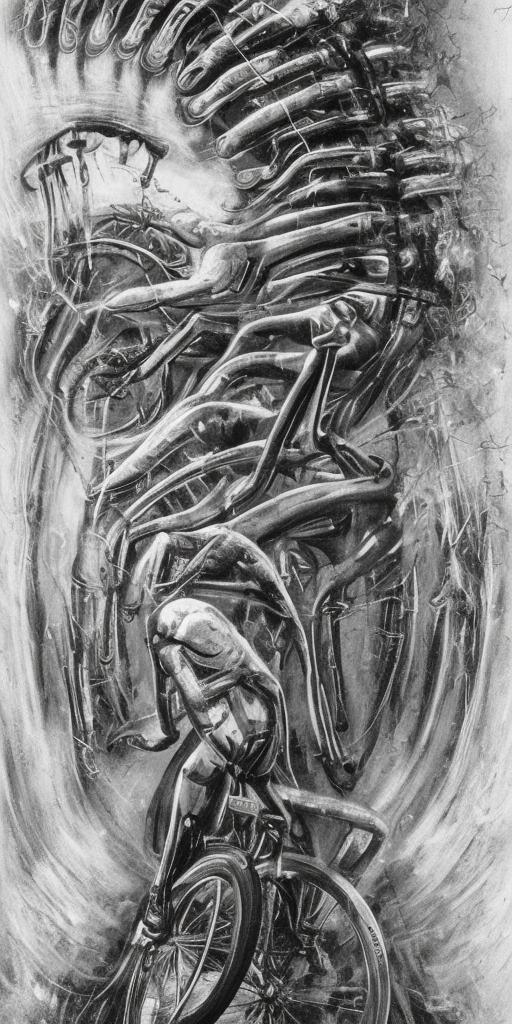 a H.R. Giger of This morning I cycled so fast that I moved a little backwards in time. As an indication I take the fact that I was soaking wet and completely frozen at the finish point. After all, even a little time travel takes more energy than I could generate with the most energetic pedaling. In the end, I had to dissipate my time jump energy from my immediate environment, whereby the air, deprived of its heat energy, cooled down and the water vapor present in it condensed on me. I don't know why everyone is complaining about the weather today.