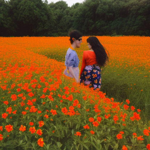 Two people in a field of orange flowers