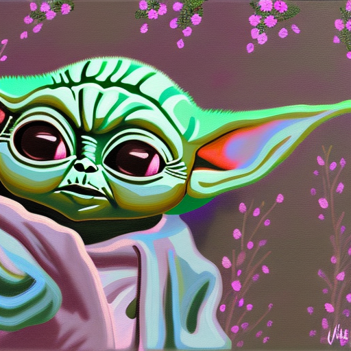 baby yoda surrounded by teal luminous flowers, in forest, at night, warm pink and purple lighting, digital art, HDR oil painting on canvas