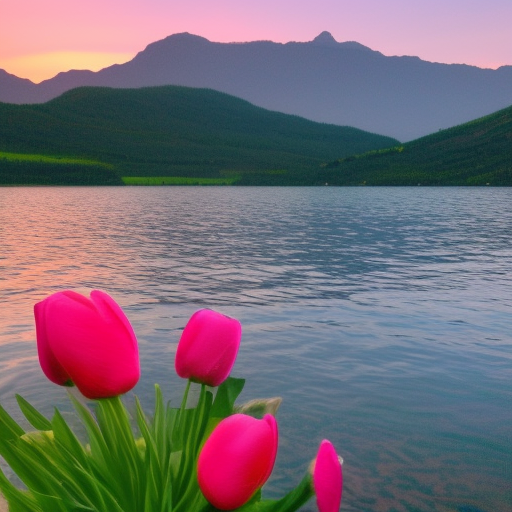 one flower on the mountain, a lake in the valley, sunset in the background