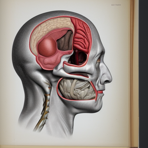 library inside anatomically accurate cross-sectional view of the human head from the side from medical book