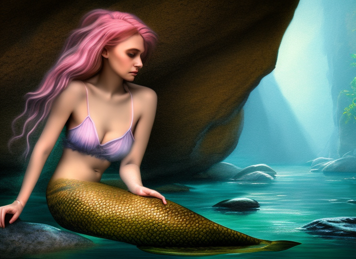 soft painting portrait of a mermaid in a shirt sitting on a rock in a river in an underground cave. fantasy magic style. highly detailed 8 k. intricate. lifelike. soft light. cinematic post - processing