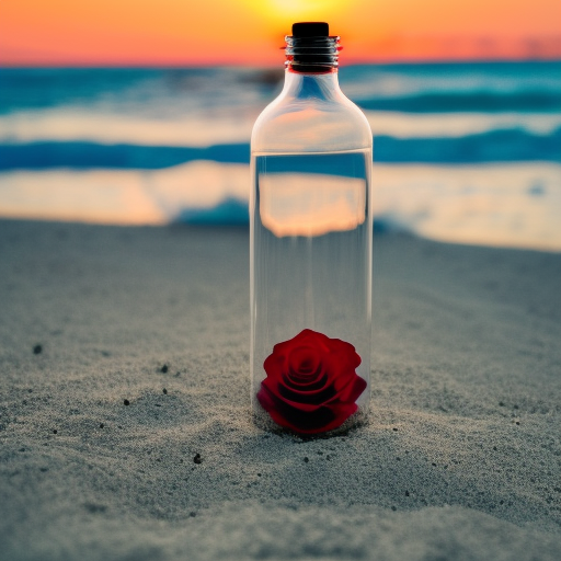 Red rose in a beautiful glasbottle on a beach, in the background blue See with great waves an a mystical Sunset with rays ultra-realistic portrait cinematic lighting 80mm lens, 8k, photography bokeh