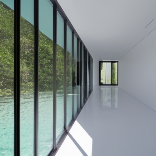 large all white room with minimalist architecture and a large glass wall, underwater,