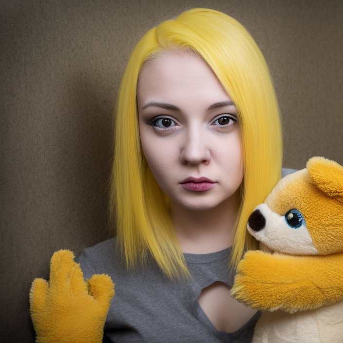 a photorealistic photo of a young 2 4 year old woman with short dyed yellow hair, holding a build a bear stuffed animal, while staring into the camera with brown eyes, wide angle shot, she looks alternative or indie, she is in an interesting place, 4 k