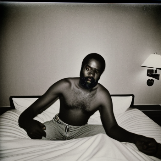 African American man drinking beer on bed in a cheap hotel, style 1970, Andy Warhol polaroid, film grain, subdued colors — no dramatic lighting