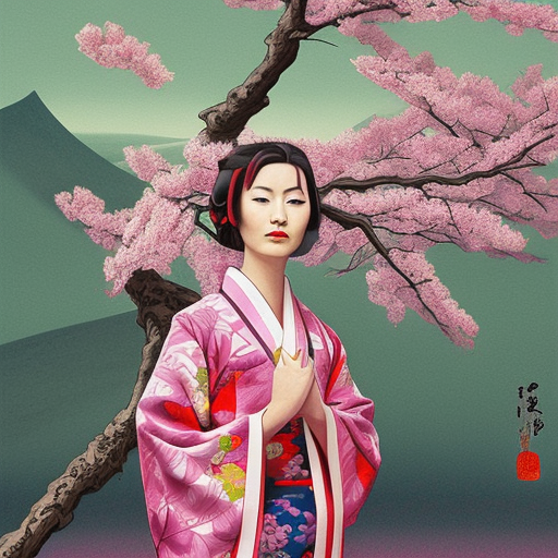A beautiful print of a young woman in a traditional kimono, with a background of sakura blossoms. deuteranomaly by Noah Bradley, by Frits Van den Berghe sinister