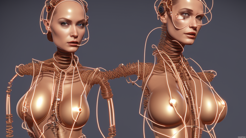 beauty woman made of wires and tubes, very detailed, dramatic lighting, mechanical details, back facing, electrical details, high details, 4k, 8k, trending on artstation, by Hajime Sorayama and Boris Vallejo