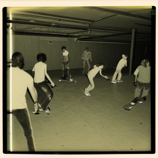 Worms eye view, Polaroid photo of teenagers skateboarding in abandoned warehouse