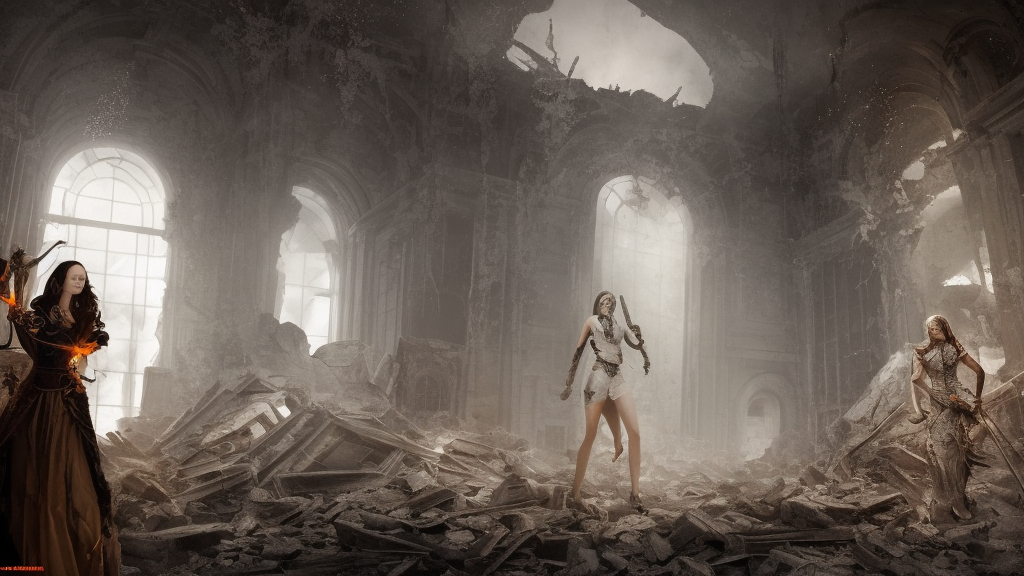 beautiful female witches exploring scorched ruins of the white house in washington dc, realistic faces, portrait, symmetrical, cinematic, dramatic lighting, 3 d render, photo realistic, ultra detailed, ruan jia, peter morbacher, wlop, scifi, fantasy, magic the gathering, octane render, 8 k