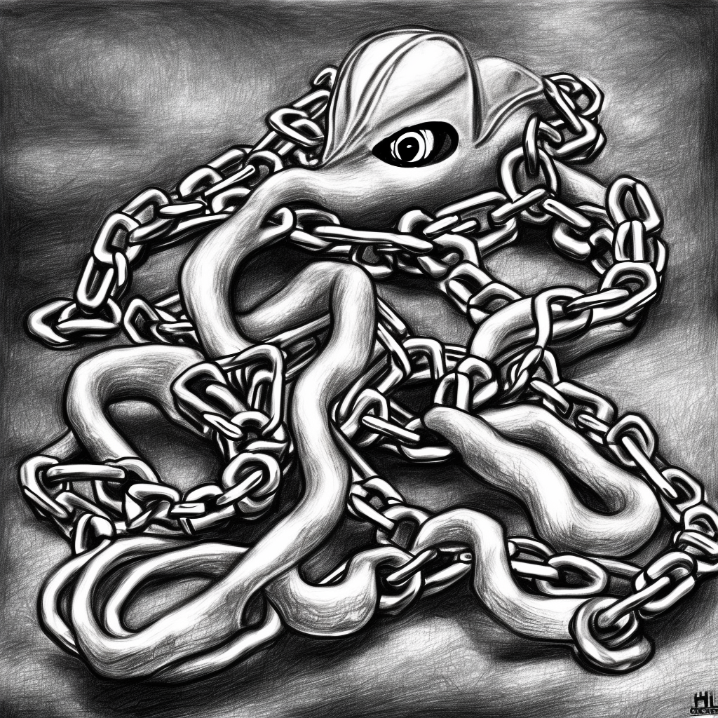 a chain and the thief squid arrested. black and white pencil illustration high quality