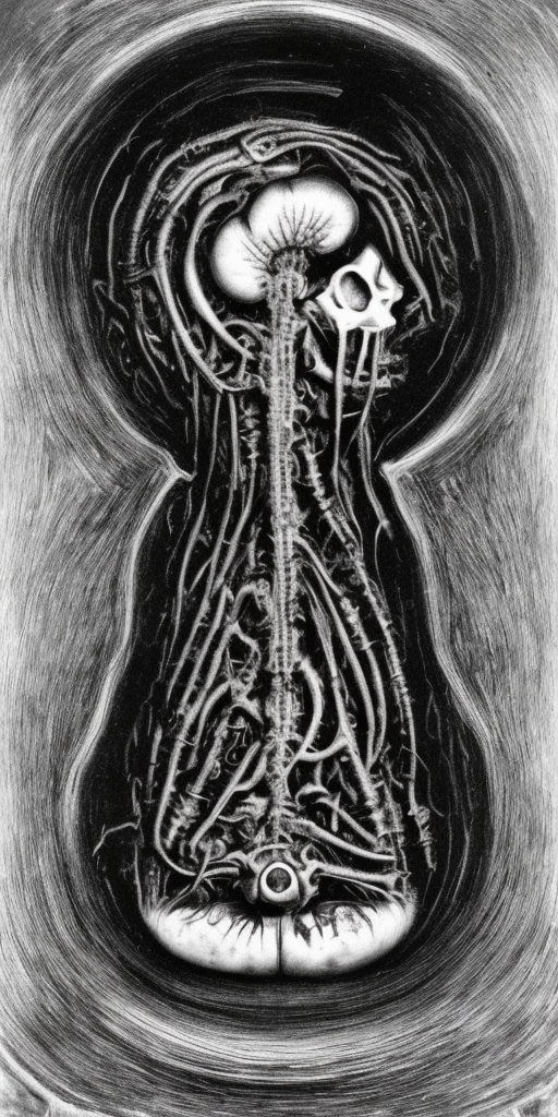 a H.R. Giger of a Brain in a hole