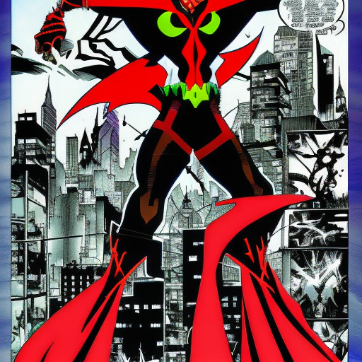 A mix of spawn by tod McFarlane,city in the backround comic book style, ultra detailed, no cut off, high-quality, randomized background