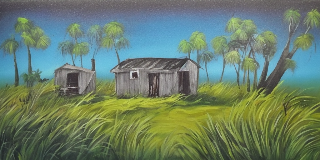 Uma casa simples no campo com um pescador a distancia, pintura a oleo