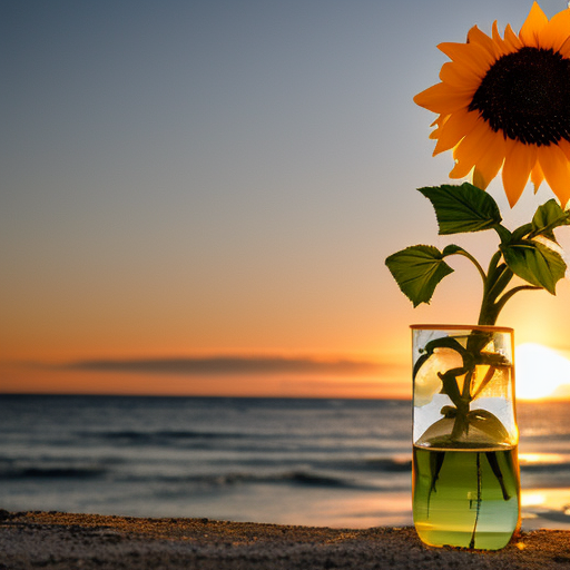 Sunflower in a glass vase by the sea beach, large waves in the background and a mystical sunset