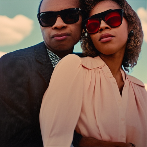 Interracial couples wearing sunglasses, no blur, 4 k resolution, ultra detailed by william eggleston