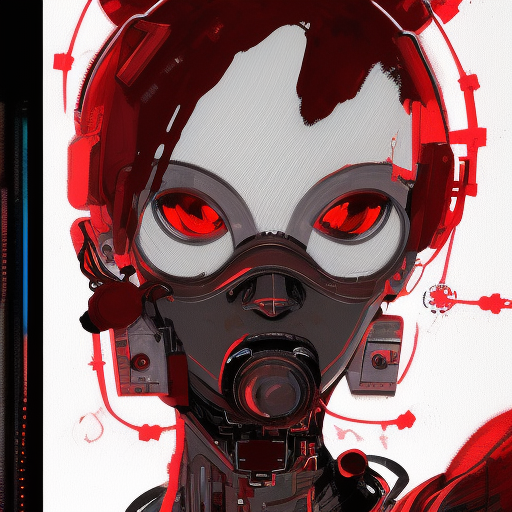 highly detailed portrait of a post-cyberpunk robotic young lady by Akihiko Yoshida, Greg Tocchini, Greg Rutkowski, Cliff Chiang, 4k resolution, persona 5 inspired, vibrant red,brown, white and black color scheme with stray wiring