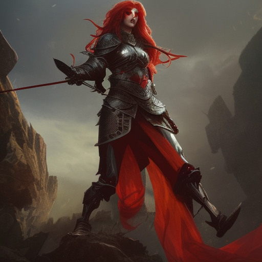 female battlemage in armor, long red hair, knight, magician, trending on artstation, sharp focus, studio photo, intricate details, highly detailed, by greg rutkowski