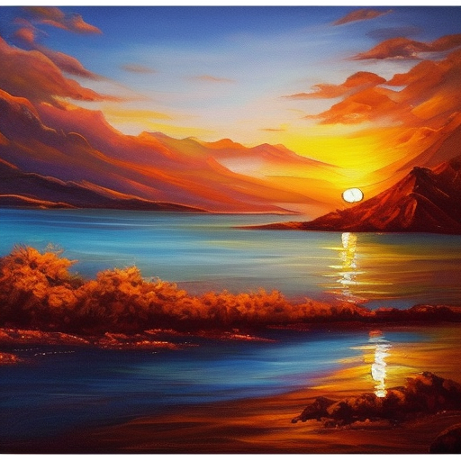 Create an image of a majestic landscape featuring a picturesque sunset with warm, golden light illuminating the sky.The background should also feature a body of water, such as a lake or ocean, with gentle waves lapping at the shore. oil painting