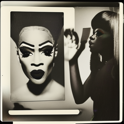 A vintage Polaroid photograph of an African drag queen staring into a broken mirror in a cheap apartment by Andy Warhol. Light leaks. Published in Paris Review.  Photorealistic.