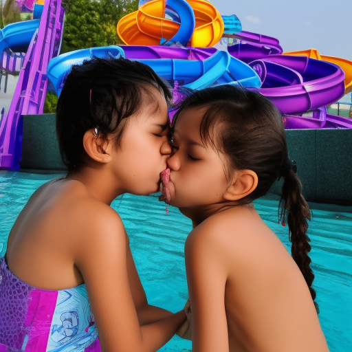 two preteens melayu girl kissing at water park 