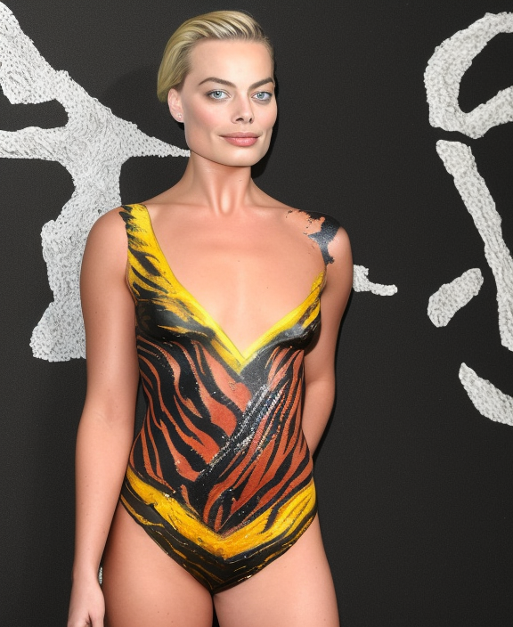 HD photograph of margot robbie with tiger body paint, sharp, highly detailed, cinematic