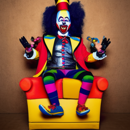 badass cangry clown on a throne with colorful clothes from further perspective