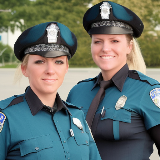Policewomen Ariel Bellingham and Allison Pierz of the Miltona Police Department in their official police uniforms; add sleeves to uniforms; young; caucasian; angry; modelesque; long totally teal hair for Allison, long blonde hair for Ariel; add official police hats; 300 dpi photography; make Ariel's badge a shield shape