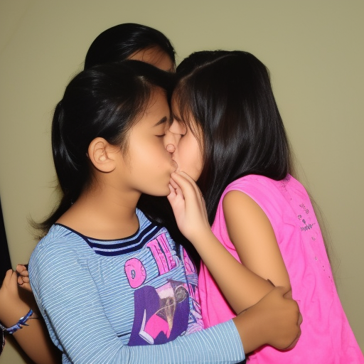 two preteens melayu girl kissing at night time 