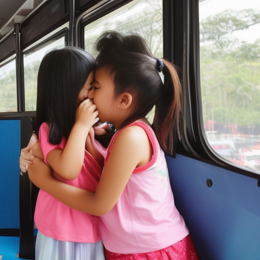 two Little melayu girl kissing in bus 