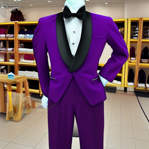 modern style long sleeve purple tuxedo shirt with a yellow bowtie, worn by a fully assembled store display mannequin, natural daylight, 45mm lens, 4k, clean, high quality material