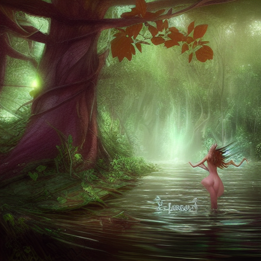 forest nymph rising from the water. fantasy rpg concept art. pink pixie dust, enchanted fireflies, starlight, and enchanted dreams. view from behind, wide angle view, back view. digital art. trending on artstation.