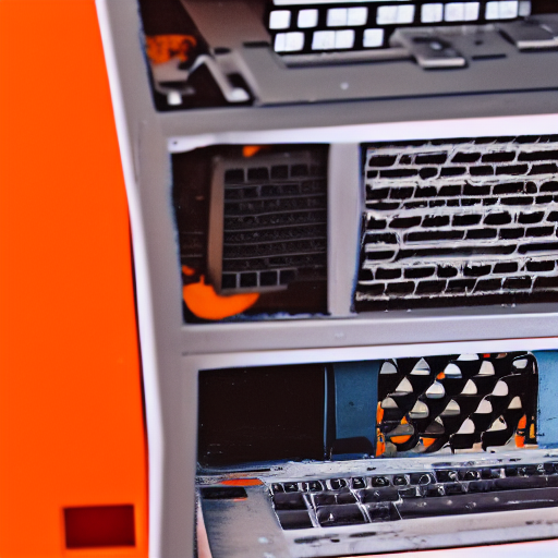 A beautiful potrait of an old computer with orange paint, high quality, photoshoot
