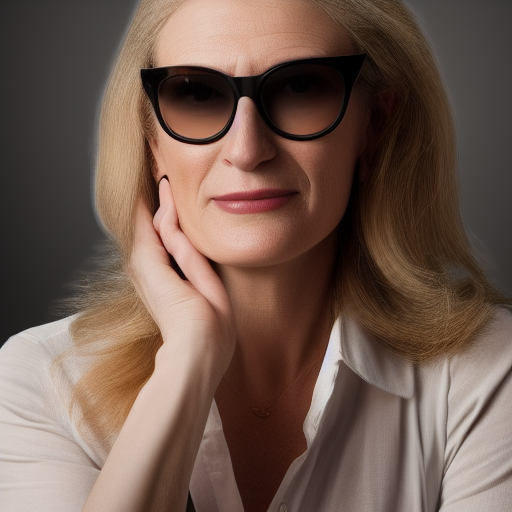 photo of a 46-year old attractive white woman wearing raybans in the style of Annie Leibovitz, realistic, professionally, professionally color graded, half body shot, sharp focus, 8k high definition, intricate, elegant, extreme bokeh, 