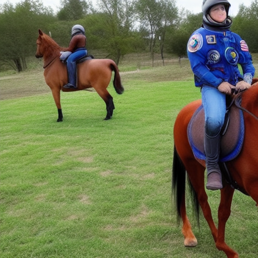 a cat sat, saddled, on horseback, an astronaut and rides him into space