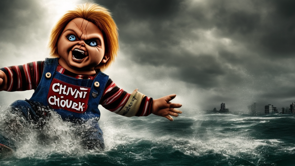 stunning awe inspiring giant chucky the killer doll emerging from the ocean attacking a city, movie still 8 k atmospheric lighting