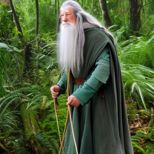Gandalf wearing dark green rope standing on a wale in jungle