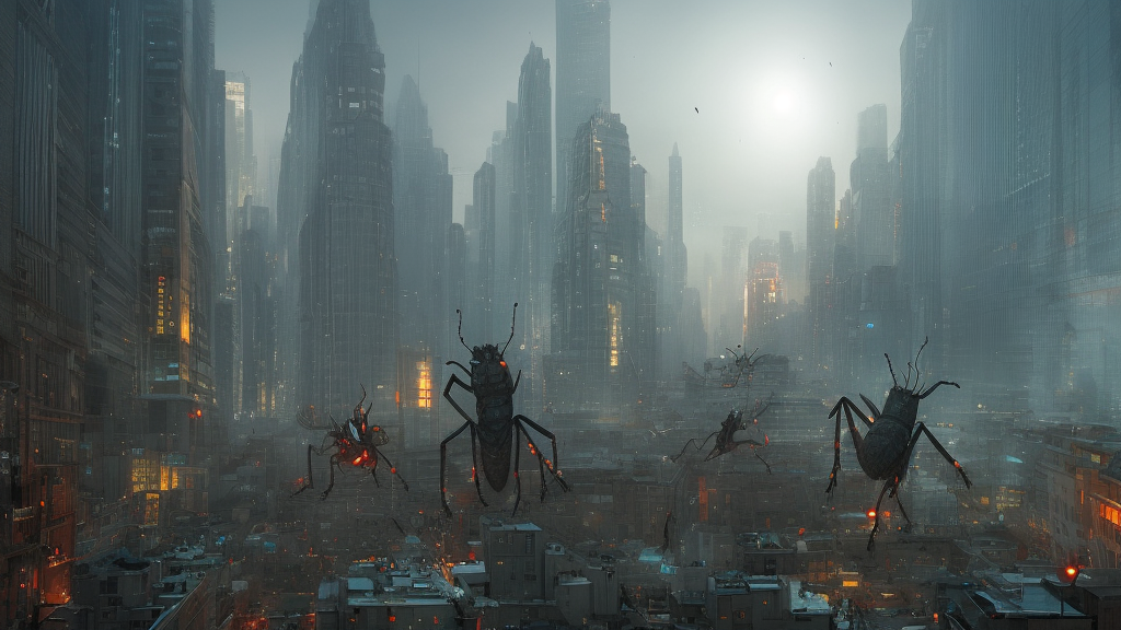 giant insects terrorize people in a city, hyperdetailed, artstation, cgsociety, golden hour 8k