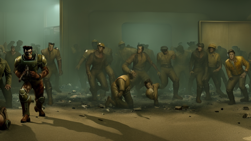 movie still from the live action fallout 4 movie, rendering of a riot in a fallout shelter, uhd, 8k, cinematic,
