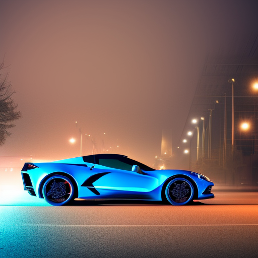 dutch angle photo silhouette of a 2022 C8 Corvette coupe rapid blue color with the car lights piercing the dense fog, low light, dark mode, city street, close up, photo realistic, 4k