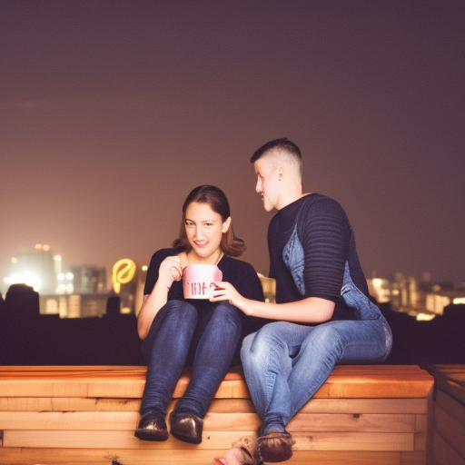 Boy and girl sitting on a rooftop terrace at night and girl with a coffee mug in her hand  from down angle 