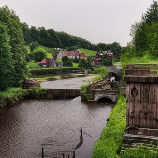 Dark medieval river lock with two sluices on wide river with rocks, lock gates, one house, Warhammer fantasy, summer, bushes, trees, nets, fishing, fish, water-lily, boat, poor, black adder, muddy, puddles, misty, overcast, Dark, creepy, grim-dark, gritty, detailed, realistic, illustration, cinematic, high definition