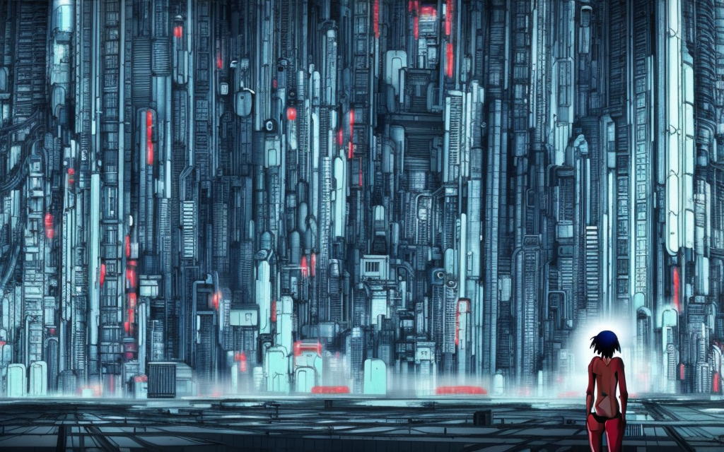 highly detailed bosch style image of a ghost in the shell style city that is on fire