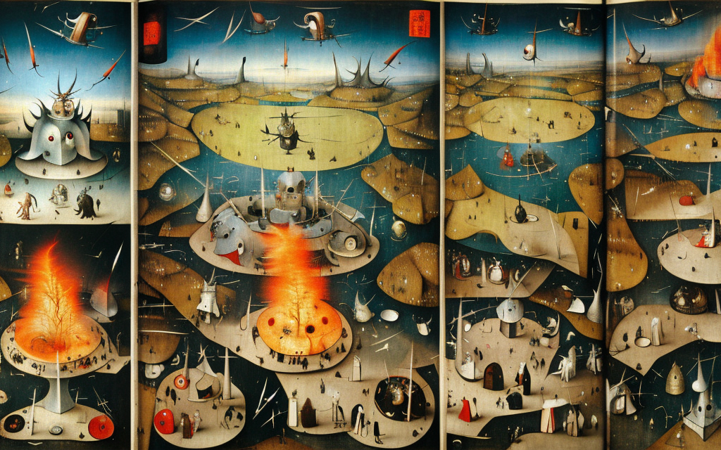 highly detailed Hieronymus Bosch image, ghost in the shell, manga 
city on fire being attacked by robot dragons
