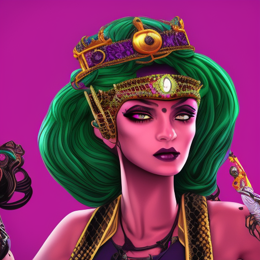 snake empress. with large headdress, in a royal palace. red cosmo in background. long purple and black Dress. Green skin. braids in hair. cyberpunk realistic, Cinematic Lighting, soft light