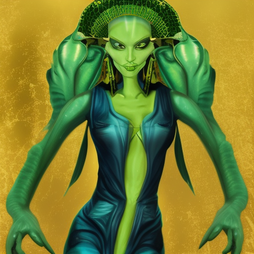 reptilian alien empress. with large headdress, in a royal palace. cosmo in background. long yellow Dress. Green body skin. cyberpunk, old photo, soft light