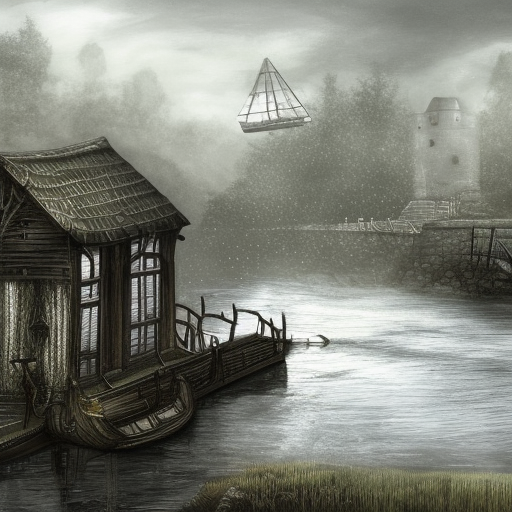 dark medieval wide river, rocky rapids, river lock with two sluices between island and shore, two water levels, Warhammer fantasy, house, summer, trees, fishing, nets, black adder, muddy, misty, overcast, Dark, creepy, grim-dark, gritty, hyperdetailed, realistic, illustration, high definition